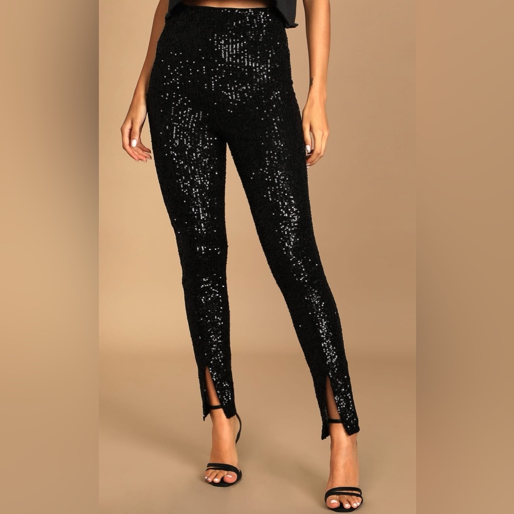 Black Sequin Slit Front High-Waisted Pants